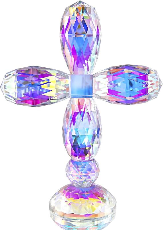QFkris 7" Crystal Cross Standing | Decorative Glass Crosses for Table Shelf Tabletop & Home Decor Gift for Women