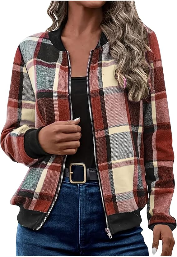 YMADREIG Shackets for Women 2025 Fall Fashion Plaid Flannel Shirts Lightweight Full Zip Long Sleeve Shirts Jacket Casual Tops