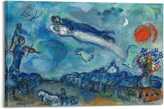 Marc Chagall Famous Art poster Les Maries Au-dessus Du Village Decorative Painting Canvas Wall Art Living Rooms Bedroom Painting 16x24inch(40x60cm)