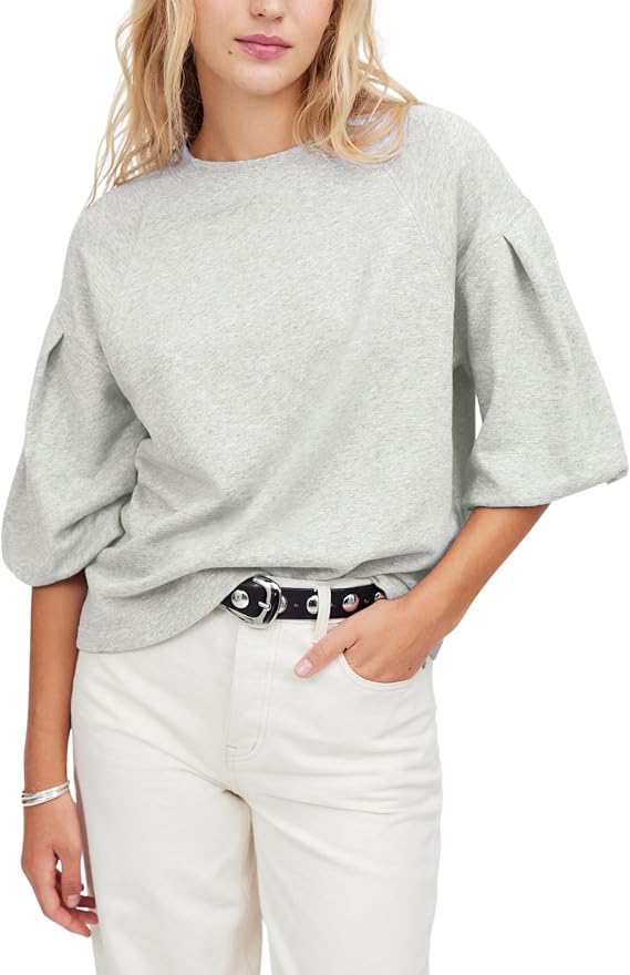 MINSURE Women Cropped Sweatshirt Tee Puff Short Sleeve Crewneck Pullover Top Solid Casual Summer T-Shirt Blouses
