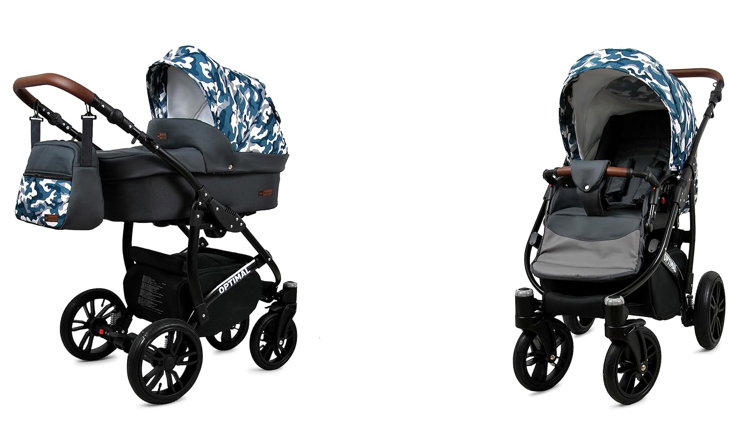 BabyLux Optimal 2-in-1 Baby Pram Deep and Pushchair with Accessories Adjustable and Foldable Aluminium Construction Waterproof Non-Removable Wheels Grey Moro Black Frame