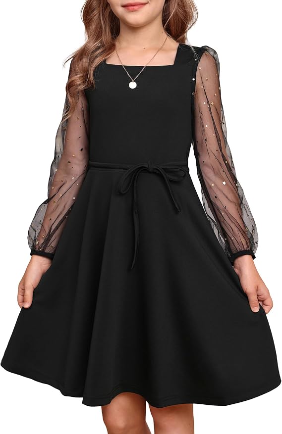 GRACE KARIN Girls Long Sleeve Dress Party Formal Contrast Mesh Puff High Waist Tie Square Neck 6-12 Years