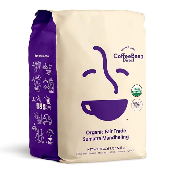 Coffee Bean Direct Organic Fair Trade Sumatra Mandheling, 5lb Bag | Whole Bean, Light Roast, Single Origin Arabica Coffee Beans
