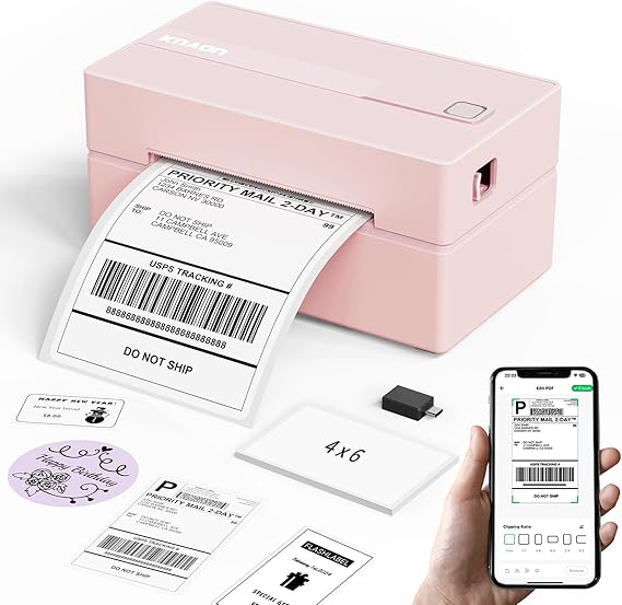 KNAON Bluetooth Thermal Shipping Label Printer 4x6 for Small Business, Pink | High-Speed Thermal Label Printer, Perfect for Home, Office & Small Biz, Ideal for Etsy, Shopify, USPS,Includes 10 Test Sheets