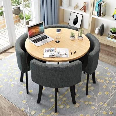Round Dining Table Set with 4 Chair, Small Office Conference Room Tables and Chairs,Modern Leisur Dining Room Furniture for Kitchen Lounge Living Room80cm31.5, Dark Gray