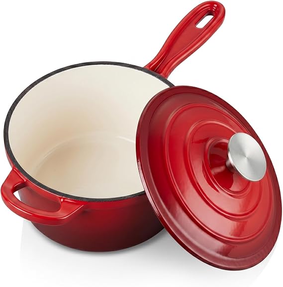 Homikit 1 Quart Saucepan with Lid, Small Enameled Cast Iron Sauce Pan, Enamel Cast Iron Cooking Pot Mini Dutch Oven Kitchen Cookware for Making Pasta, Boiling Soup, Warming Milk, Red