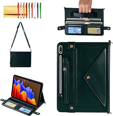 Handbag Case for Samsung Galaxy Tab S10 FES9 FES9S8S7 11, Techcircle Folio Stand Crossbody Wallet Case with Pen Holder & Card Slots Pocket, HandShoulder Strap Protective Cover, Midnight Green