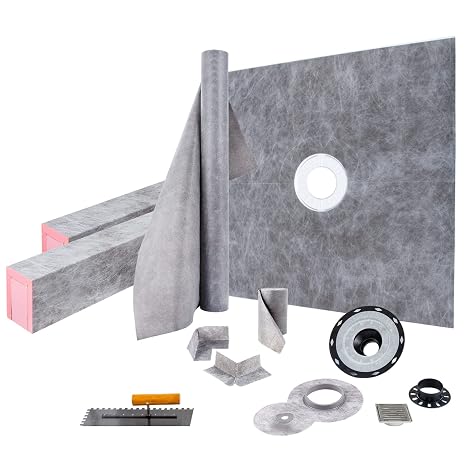 VEVOR Shower Curb Kit, 48"x48" Watertight Shower Curb Overlay with 4" PVC Central Bonding Flange, 4" Stainless Steel Grate, 2 Cuttable Shower Curb and Trowel, Shower Pan Slope Sticks Fit for Bathroom