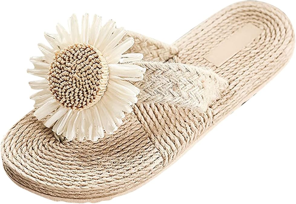 Fashion Spring and Summer Women Slippers Flip Flops Chrysanthemum Woven Beach Flat Bottom Arch Support Sandal (Beige, 8)