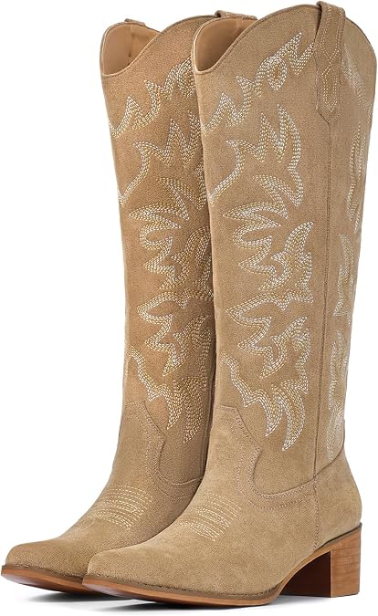 IUV Women's Cowboy Boots Knee High Western Snip Toe Side Zipper Chunky Heel