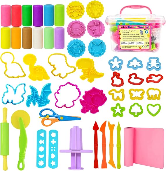 Dough Play Tools Set for Kids, 46Pcs Dough Tools Sets, Accessories Includes Storage Box, Dough Mat, Extruderl, Cutters Roller, Rolling Pins, Educational Toys Gift for Boys Girls