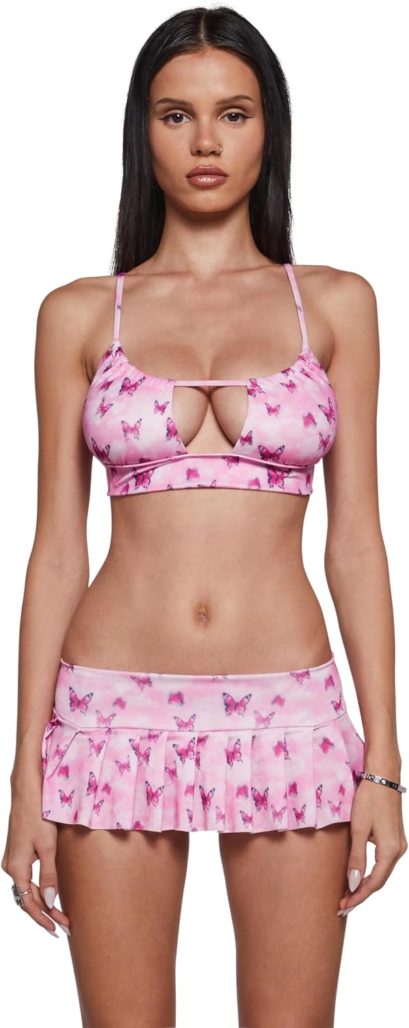 Dolls Kill Butterfly Spandex Swimsuit by Sugar Thrillz – Bikini Top & Skirted Bottoms with Lace-Up Back, Butterfly Print