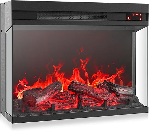 BELLEZE 23" Electric Fireplace with Realistic Crackling Sound, 3-Side Glass Display Fireplace Heater, Adjustable Timer & LED Flame Lights, Freestanding Indoor Fireplace for Bedroom, Living Room