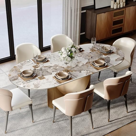 POVISON Modern Dining Table,71" Oval Sintered Stone Table with Bronze Carbon Steel Base for Dining Room,Kitchen,Home Office,Scratch and Heat Resistant,Pandora(Table Only)