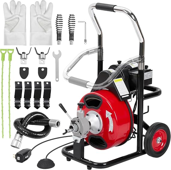 75Ft x 1/2 Inch Drain Cleaner Machine,Auto-Feed Electric Drain Auger for 1-4 Inch Pipes, Heavy-Duty K300ZF Sewer Snake With Foot Switch, Protective Gloves & Tangle-Free Design