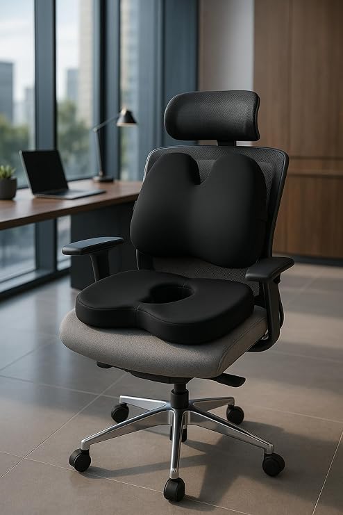 Ergonomik Kelebek Model Bel Destek ve Visco Oturma Minderi, 45 x 37 cm, Siyah