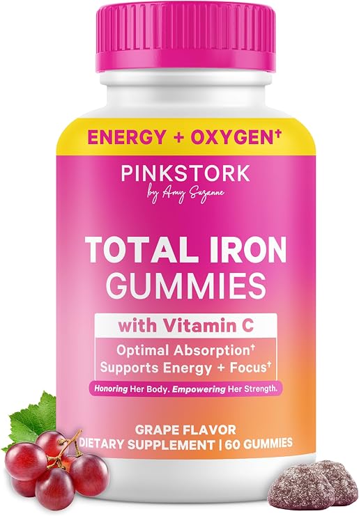 Pink Stork Prenatal Iron Supplement Gummies for Women - 20 mg with Vitamin C - Grape Chewable for Deficiency, Energy, Blood Builder - 60 Gummy Chews