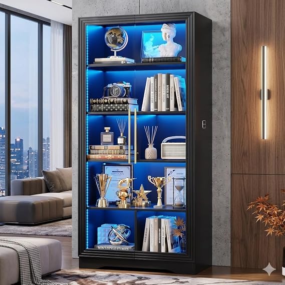 Vlsrka 65 Tall Storage Cabinet with 5 Tier Adjustable Shelves, LED Lights | Modern Display Cabinet for Collectbles, Book, Motion Sensor, Bookcase with Glass Door for Home Office Living Room, Black