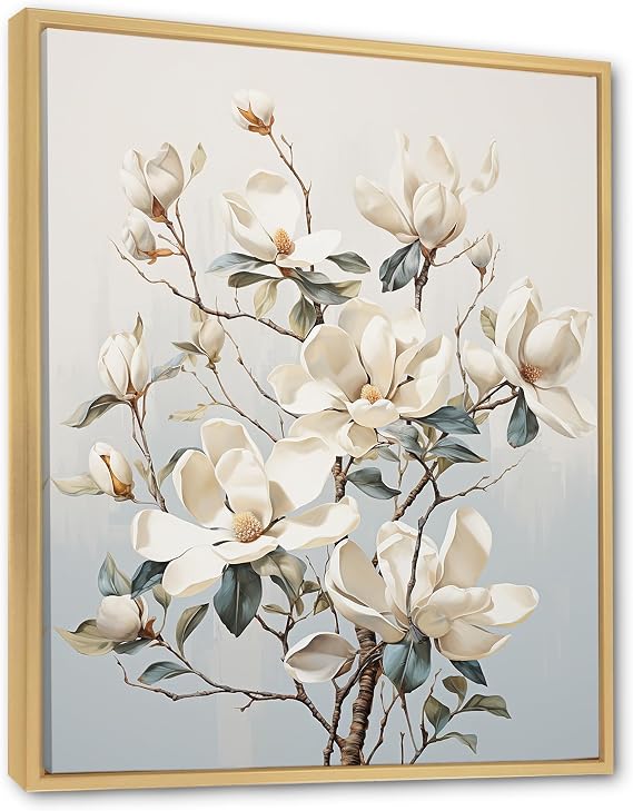 DesignQ Magnolias Oversized Brown Framed Wall art decor, Magnolias Wall Art, Blossoming Beauty In Beige And Green Magnolias, beige Canvas wall art, 12x20 inches