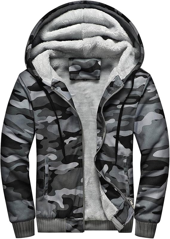 Mens Oversized Camo Fleece Lined Hoodie Heavyweight Winter Sherpa Zip Up Hooded Sweatshirt Pullover Jacket