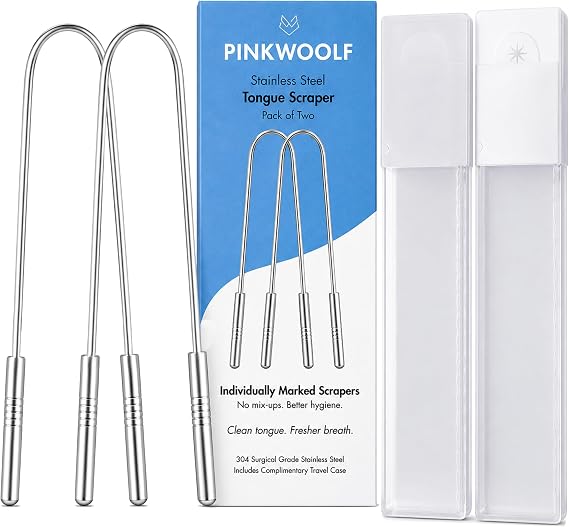 Pink Woolf Stainless Steel Tongue Scraper for Adults, 2 Pack 304 Metal Tongue Cleaner with 2 Travel Cases, Individually Marked for Bad Breath & Oral Hygiene