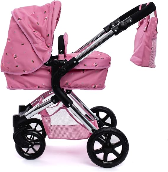 Roma Single Baby Toy Stroller with Lightweight Frame, 2-in-1 Baby Doll Accessories, Adjustable Handle, Carry Cot to Seat Unit, for Ages 3-9, Includes Shopping Basket (Darcie Pink)