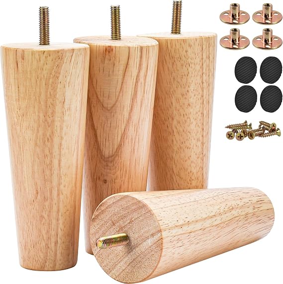 8 inch Solid Wood Furniture Legs, 4Pcs Mid-Century Modern Wooden Replacement Feet with Threaded M8 Hanger Bolts & Mounting Plate & Screws for Sofa Couch Armchair Cabinet TV Stand