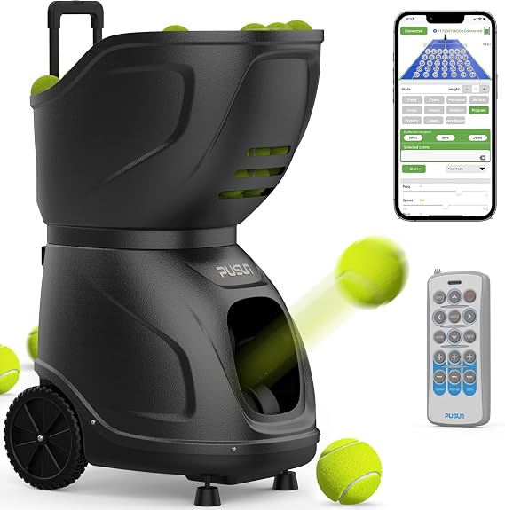 PT-9001Pro Advanced Tennis Ball Machine: Smart App for Apple Watch Control, 35 Landing Points, 12 Serve Modes, Random & Variable Speed - Pro-Level Portable Tennis Launcher with 7-10h Battery
