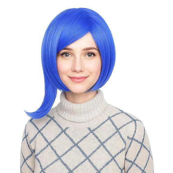 Probeauty Short Straight Blue Bob Cosplay Wig for Women Anime Costume Wigs for Halloween Party with Wig Cap (No Glasses)