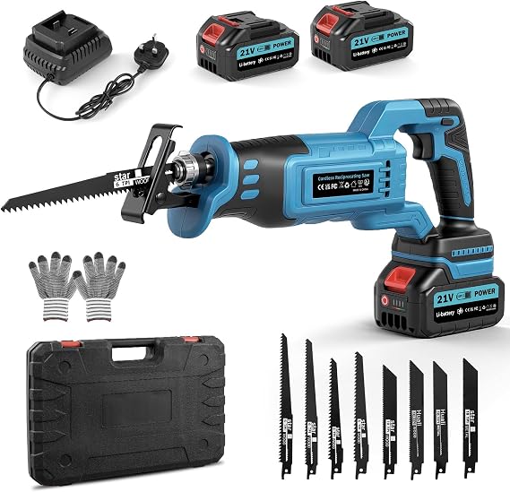 Reciprocating Saw, Enhanced 3500 SPM Low Noise Brushless Motor, High-Performance 2 * 21V 4.0 Ah Batteries Extended Standby, 8 pcs Versatile Alloy Steel Blade Set Easily Cut Through Wood, Metal