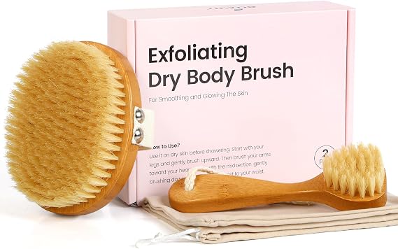 eaxun Bamboo Dry Brushing Body Brush Set, Firm Natural Boar Bristle, 2 Pack