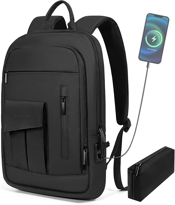 Business Backpack for Men Slim Lightweight Laptop Backpack for 17.3 Inch Computer Water Resistant Small Office Backpack for Commute Travel Daily Office Work with Small Bag (Black, 17.3")