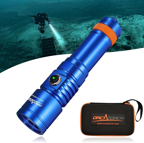 ORCATORCH D710 Dive Light, 3000 Lumens Bright Diving Flashlight, Blue | 6 Narrow Beam, 4 Modes (High/Med/Low/Turbo), Power Indicator & Switch Locking Design, IP68 Waterproof for Scuba Diving