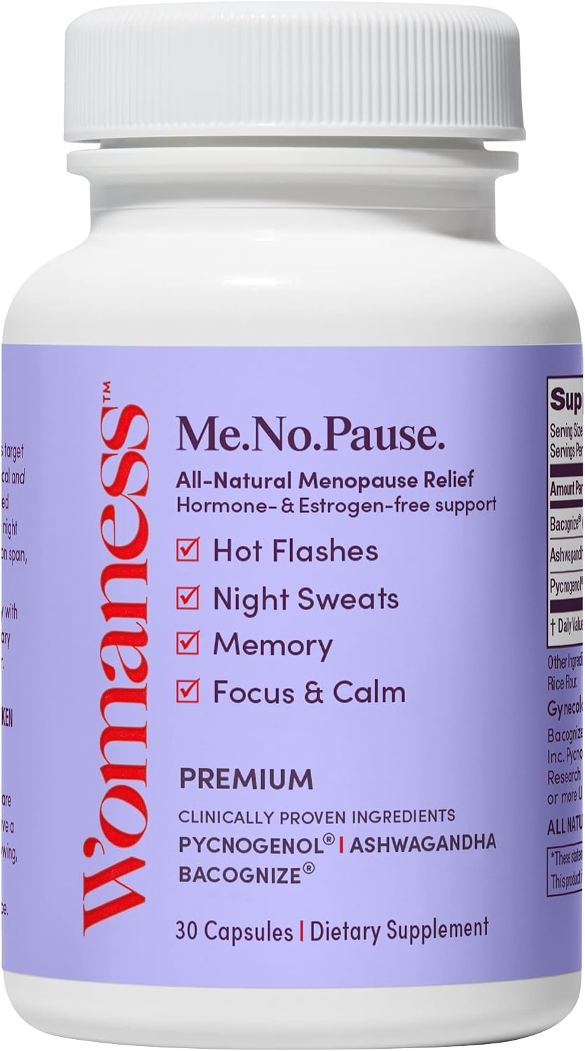 Womaness Me.No.Pause. - Menopause Support for Hot Flashes, Night Sweats, Vaginal Dryness, Memory & Mood - Perimenopause Relief & Menopause Supplements for Women - Hormone & Estrogen-Free 30 Capsules