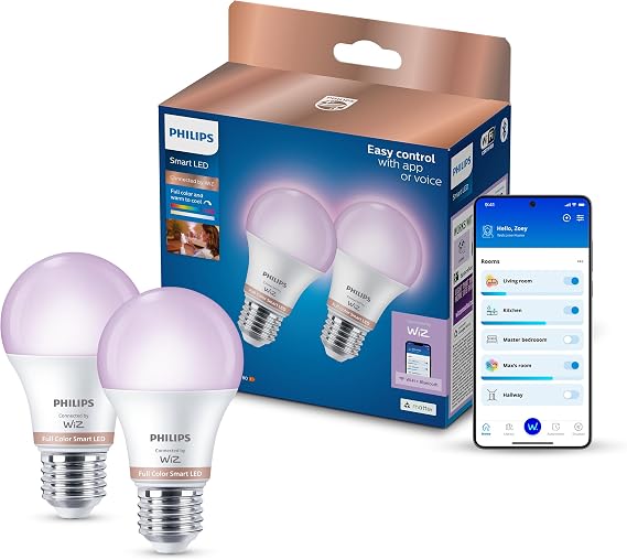 Philips Smart Lighting LED Ampul A60 E27 60W Eşdeğer RGB 2'li Paket - Google Home, Alexa, HomeKit ve Matter uyumlu [Enerji Sınıfı A]