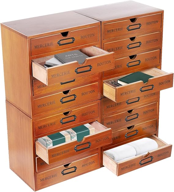 16-Drawer Wooden Desk Organizer, Vintage Desktop Drawer Box Rustic Stackable Craft Storage Drawers Multi Level Countertop Storage Organizer for Home Office