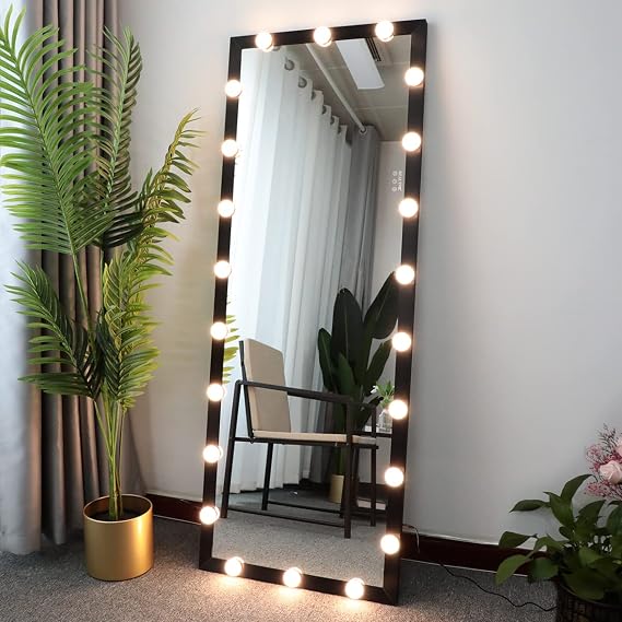BEAUTME Black Full Length Mirror with Lights 63" x 24",Wall Mount,Dimmable