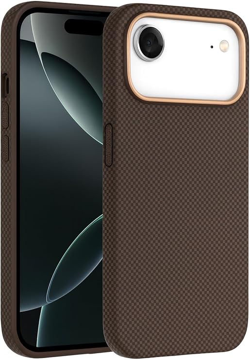 iPhone 17 Pro ile Uyumlu Karbon Fiber Desenli Premium Kılıf Kevlar Kenar İnce ve Hafif Tasarım Kablosuz Şarj ve MagSafe ile uyumlu Telefon Kılıfı Kahverengi