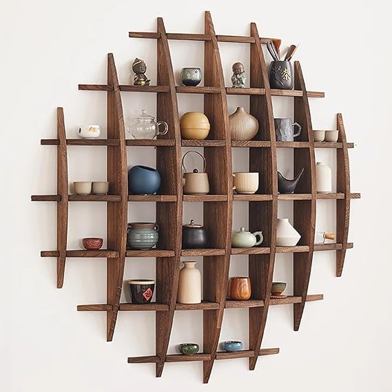 Solid Wood Chinese Tea Cup Holder, Wall Mounted Teapot Display Stand, Wall Decoration Teaware Shelf Storage Rack for Living Room Kitchen Office Commercial Dark Walnut Color, 39x39