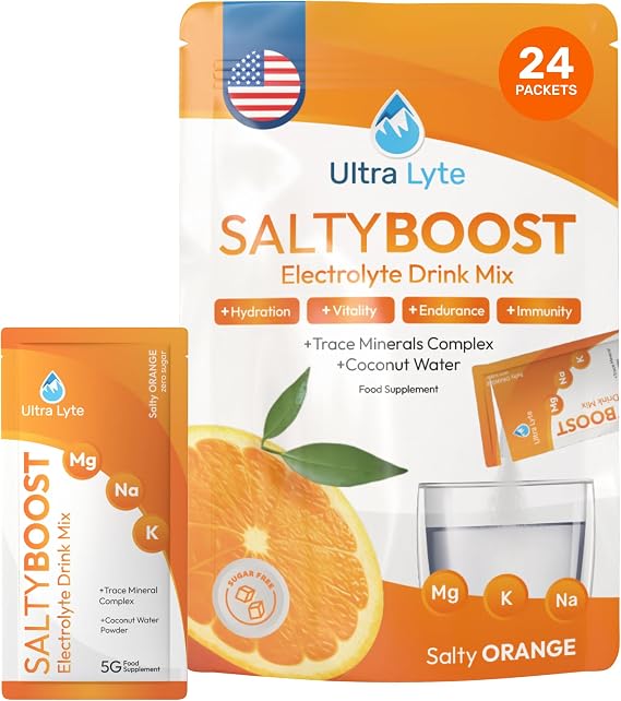 Ultra Lyte Electrolytes Drink Mix Sachets - Sugar-Free Electrolytes Powder with High Sodium, Trace Minerals and Coconut Water - Rehydration for Fitness (24 Sachets, Salty Orange)