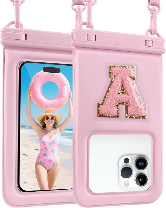 Waterproof Phone Pouch Floating, IPX68 Waterproof Phone Case for Beach Kayak Cruise Essentials, Dry Bag for iPhone 17 16 15 Pro Max Samsung S26 S25 S24, Up to 7", Pink Letter