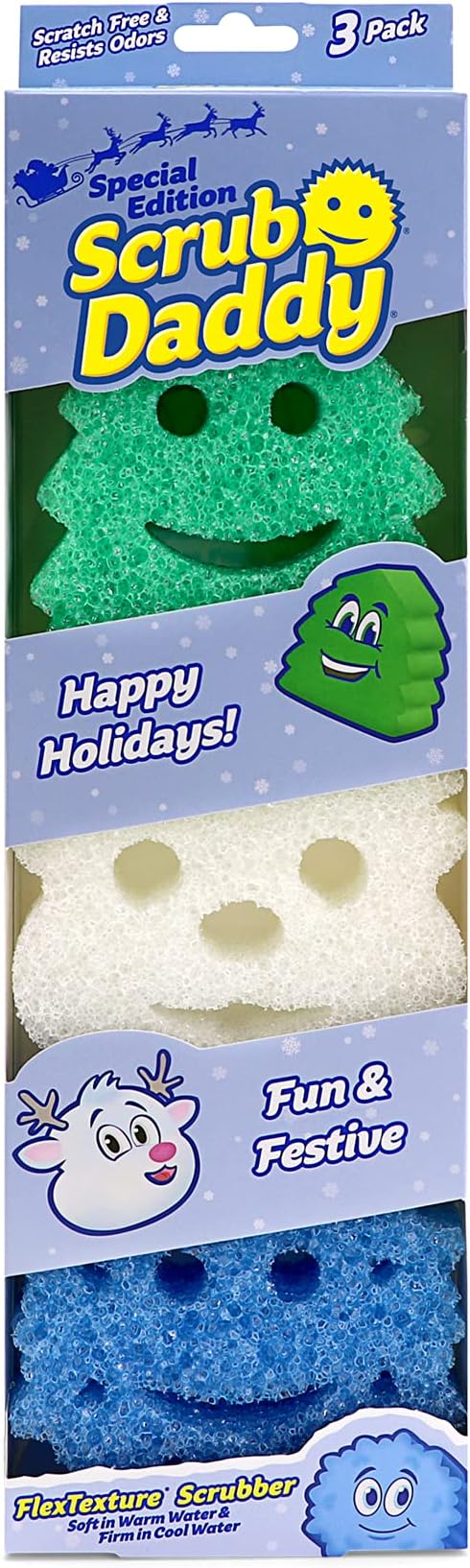 Scrub Daddy Sponge Set - Holiday Shapes - Non Scratch Scrubbers for Dishes and Home, Odor Resistant, Temperature Controlled, Soft in Warm Water, Firm in Cold, Deep Cleaning, (3 Count (Pack of 1))