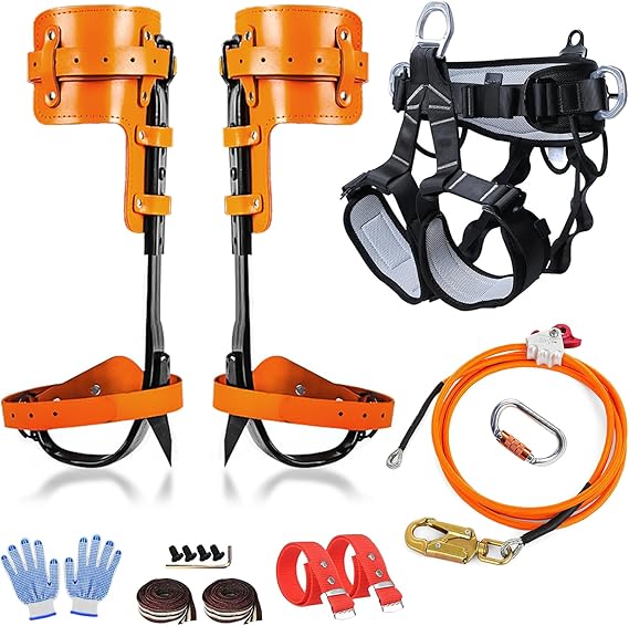 Tree Climbing Gear, Tree Climbing Spikes, Tree Climbing Gear with Adjustable Climbing Straps and Steel Core Flip Line, Rock Climbing Kit with Triple Lock Lanyard Adjuster