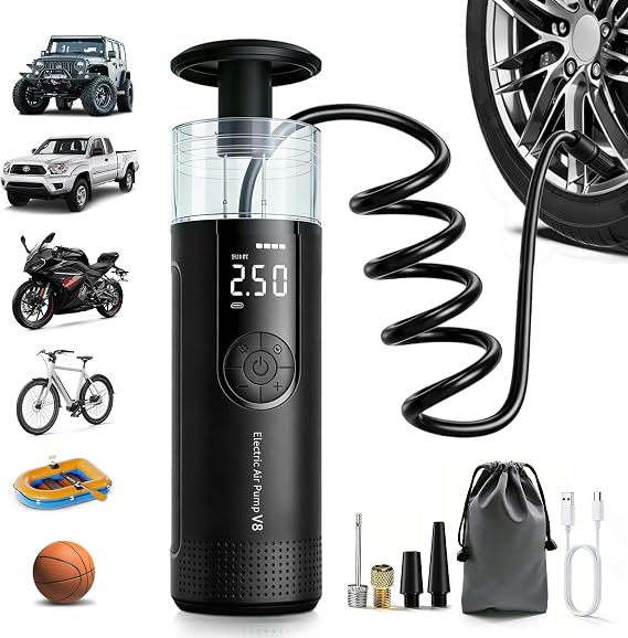Cordless Tire Inflator Portable Air Compressor 150 PSI, 35s Fast Inflation, Auto-Shutoff, LED Light, 2000mAh Battery, Digital Gauge Car Bike Motorcycle Ball Pump with Hose Storage