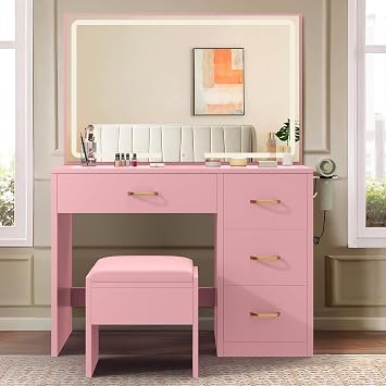 DWVO Makeup Vanity Table with 3 Light Modes, 4 Storage Drawers, Built-in Power Outlets & Hairdryer Holder, Makeup Table with Cushioned Stool