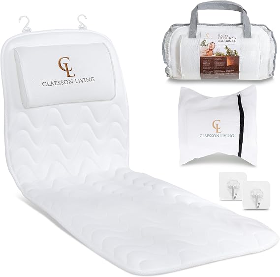 Full-Body Bath Pillow (17''x49'') - Bathtub Cushion with Headrest Supports Neck, Back and Legs - Free Hanging Hooks for Fast Drying Over Tub - Includes Washing and Travel Bags - White
