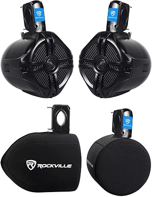 Rockville RWB65B Bundle: Pair of 6.5-in 2-Way 500-Watt Peak  300-Watt RMS Marine Wakeboard Tower Speakers - Black, Pair of RWBC 6.5-in Neoprene Speaker Covers, 2-Items