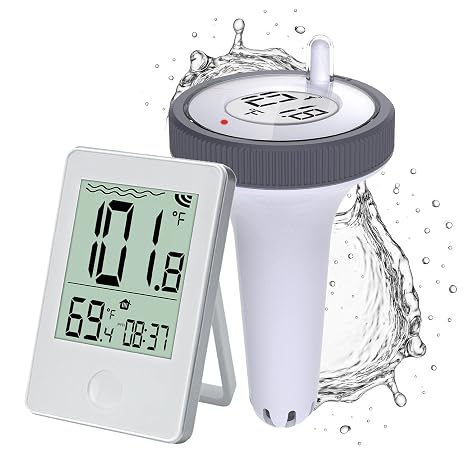 Pure55 Pool Spa Thermometer Wireless w/Batteries - Waterproof Floating Hot Tub Thermometer - Easy-Read Digital Temperature Gauge with Indoor Display - Ideal for Outdoor Ponds & Swimming Pools