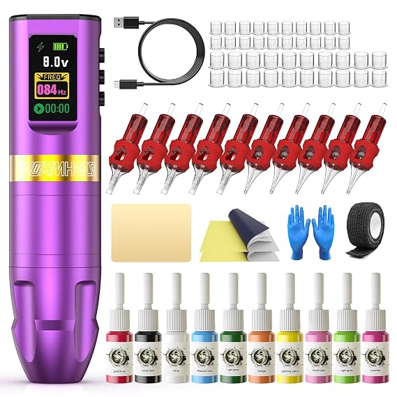 1,800 mAh Battery Wormhole Tattoo Gun Kit Wireless Tattoo Machine Kit with Digital LED Display Tattoo Kit Smart Tattoo Pen Kit Tattoo Cartridge Needles for Tattooist WTK285