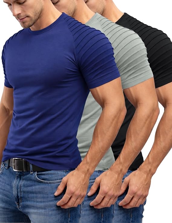 Liberty Imports 3 Pack Men's Muscle T-Shirts Pleated Raglan Sleeve | Short Sleeve Hipster Shirts, Quick Dry, 4-Way Stretch, Athletic Fit, for Gym Workout Bodybuilding